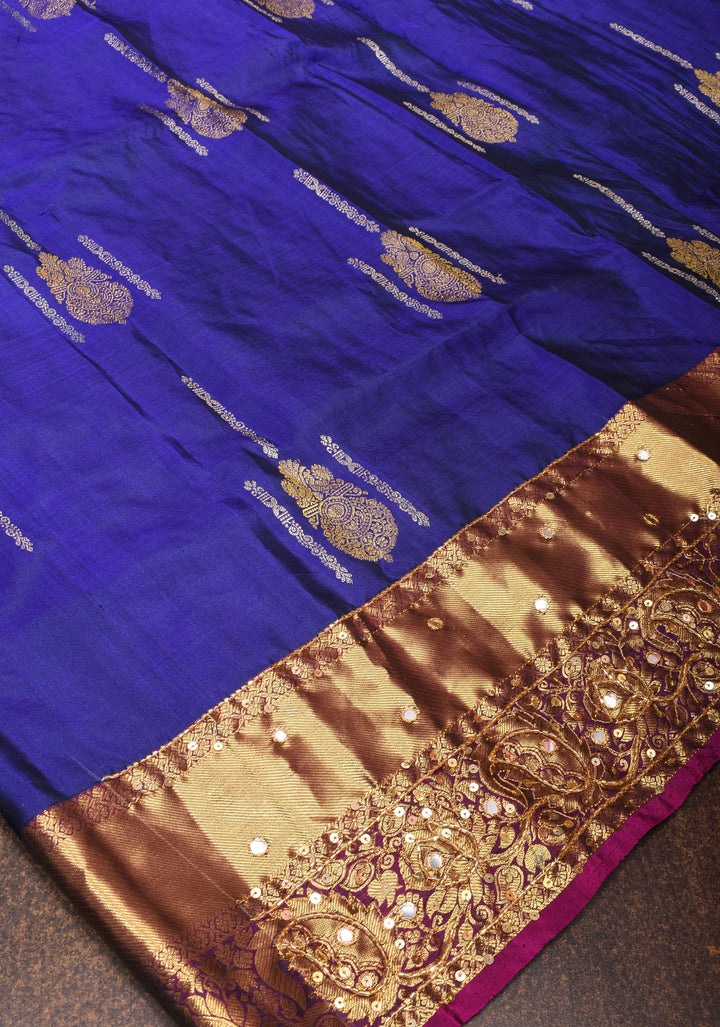 Ink Blue Kanjivaram Silk Saree with sona rupa buttas and Sequins, cutdana work | SILK MARK CERTIFIED