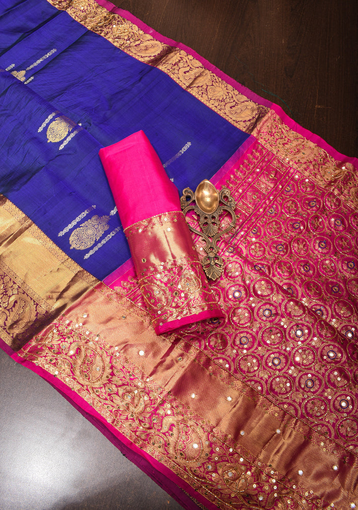 Ink Blue Kanjivaram Silk Saree with sona rupa buttas and Sequins, cutdana work | SILK MARK CERTIFIED
