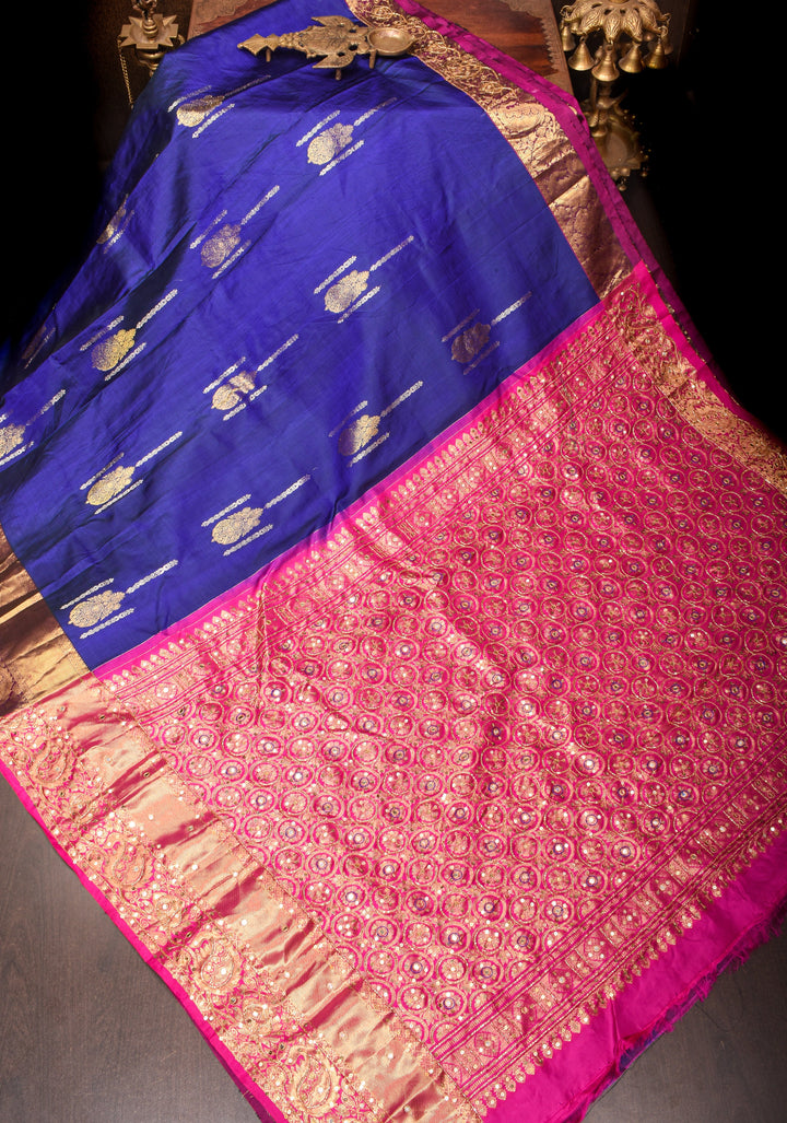 Ink Blue Kanjivaram Silk Saree with sona rupa buttas and Sequins, cutdana work | SILK MARK CERTIFIED