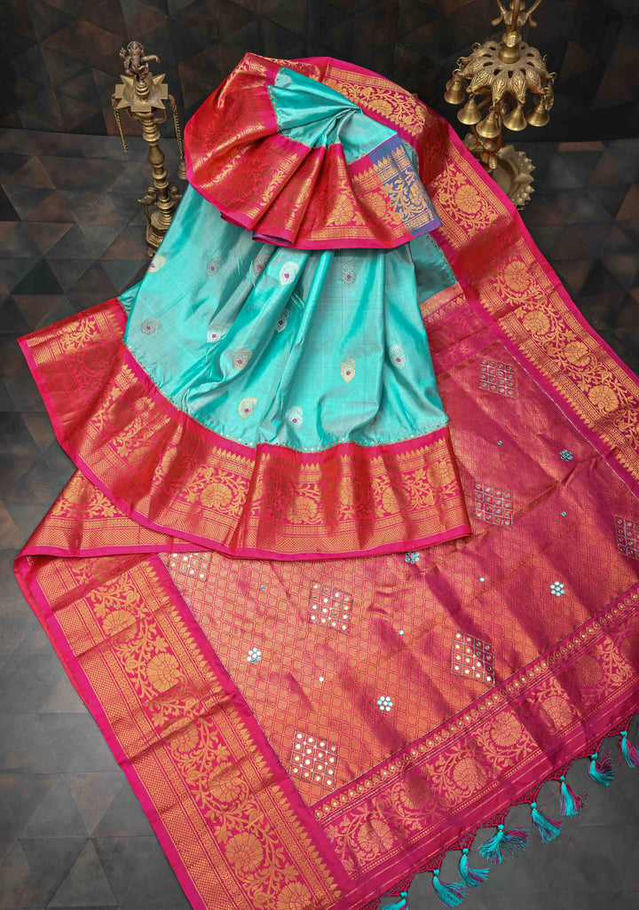 Frost Blue Sequins, cutdana, Mirror work on Pallu Pure Gadwal Silk Saree with Meenakari Buttas and Contrast Zari Border | SILK MARK CERTIFIED