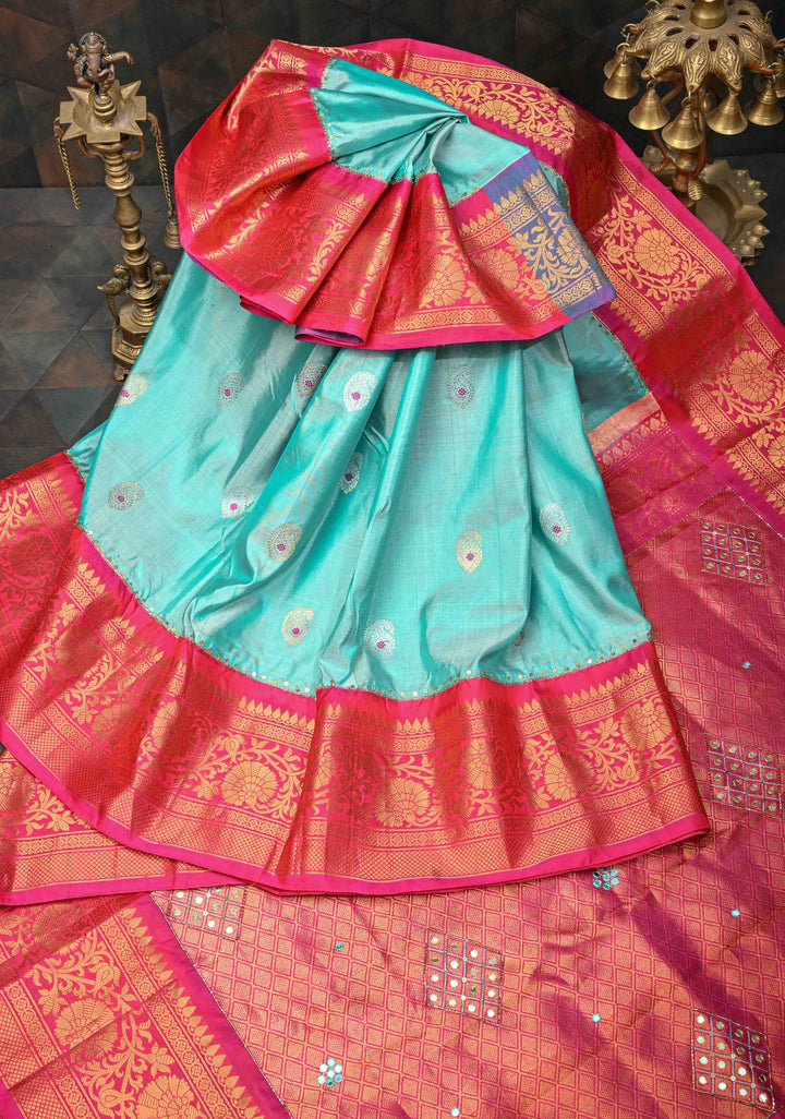 Frost Blue Sequins, cutdana, Mirror work on Pallu Pure Gadwal Silk Saree with Meenakari Buttas and Contrast Zari Border | SILK MARK CERTIFIED