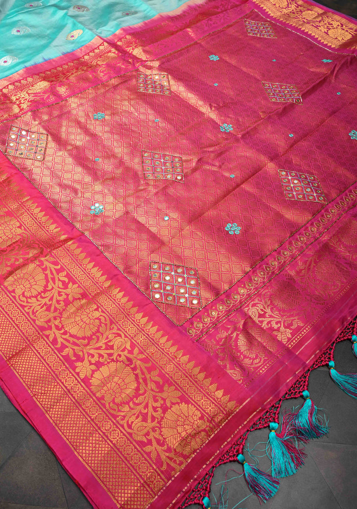 Frost Blue Sequins, cutdana, Mirror work on Pallu Pure Gadwal Silk Saree with Meenakari Buttas and Contrast Zari Border | SILK MARK CERTIFIED