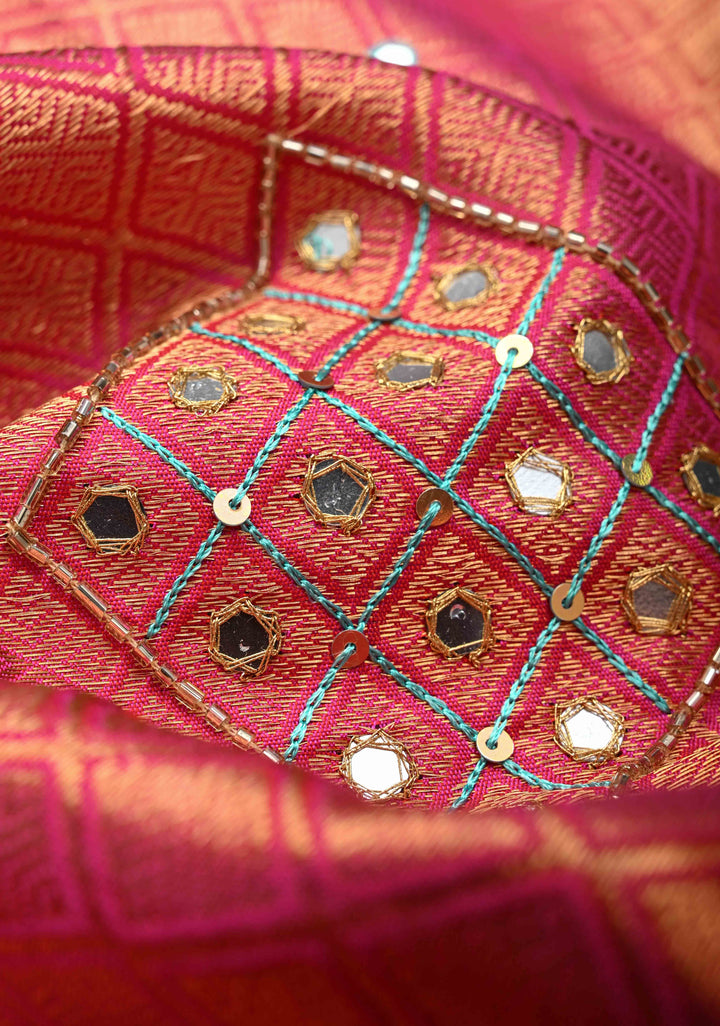 Frost Blue Sequins, cutdana, Mirror work on Pallu Pure Gadwal Silk Saree with Meenakari Buttas and Contrast Zari Border | SILK MARK CERTIFIED