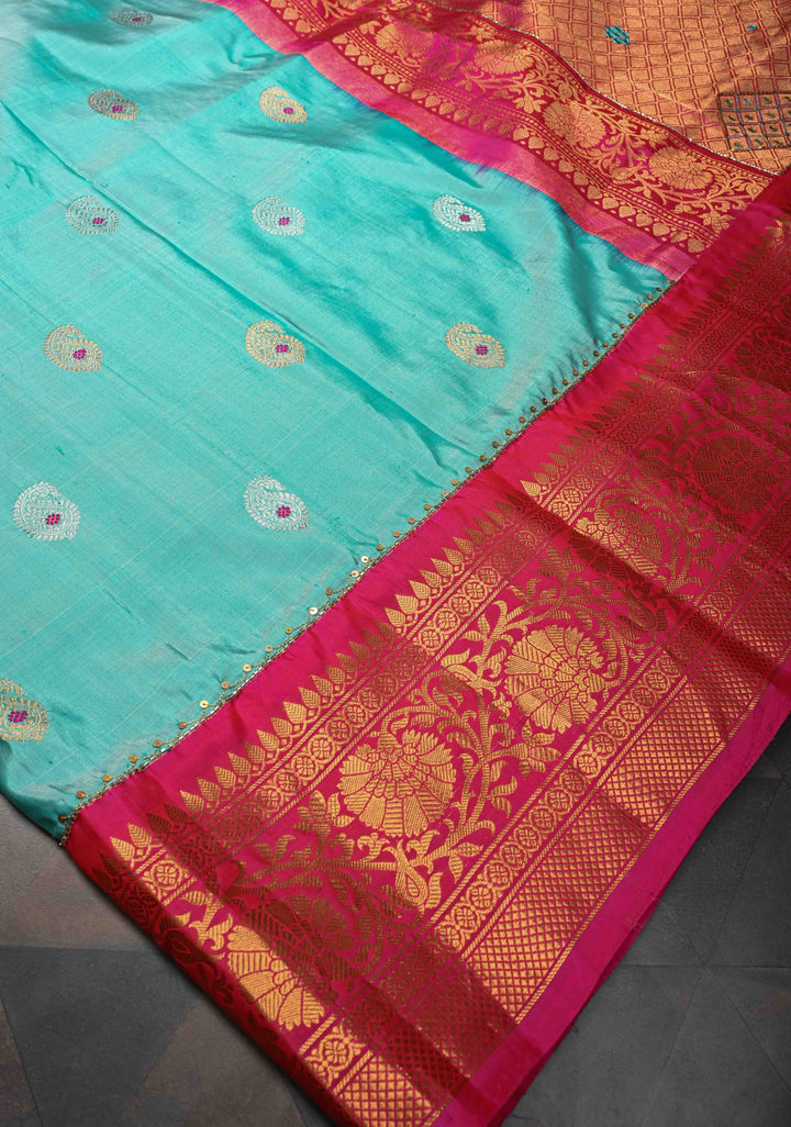 Frost Blue Sequins, cutdana, Mirror work on Pallu Pure Gadwal Silk Saree with Meenakari Buttas and Contrast Zari Border | SILK MARK CERTIFIED