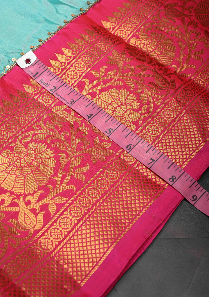 Frost Blue Sequins, cutdana, Mirror work on Pallu Pure Gadwal Silk Saree with Meenakari Buttas and Contrast Zari Border | SILK MARK CERTIFIED