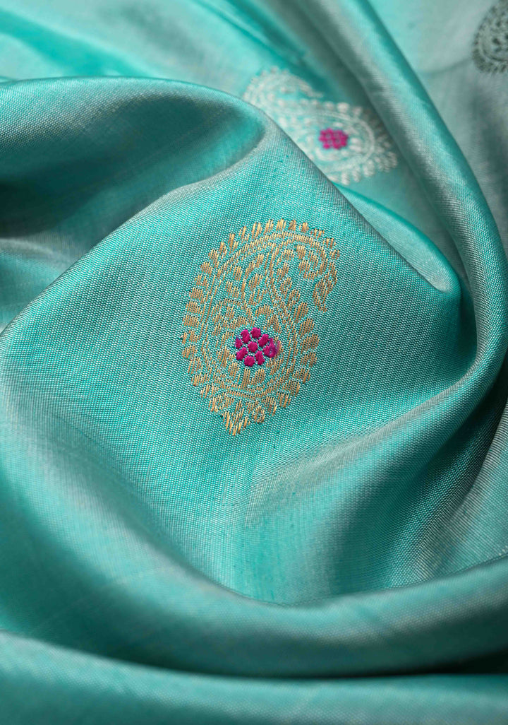 Frost Blue Sequins, cutdana, Mirror work on Pallu Pure Gadwal Silk Saree with Meenakari Buttas and Contrast Zari Border | SILK MARK CERTIFIED