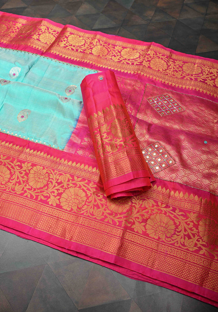 Frost Blue Sequins, cutdana, Mirror work on Pallu Pure Gadwal Silk Saree with Meenakari Buttas and Contrast Zari Border | SILK MARK CERTIFIED