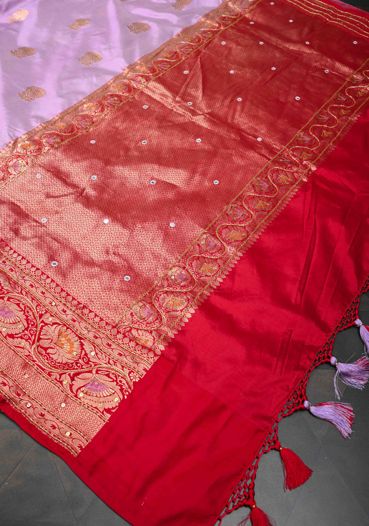 Lilac Katan Silk Saree with Zari Buttas and Sequins, cutdana, Mirror work on Border, Pallu | SILK MARK CERTIFIED