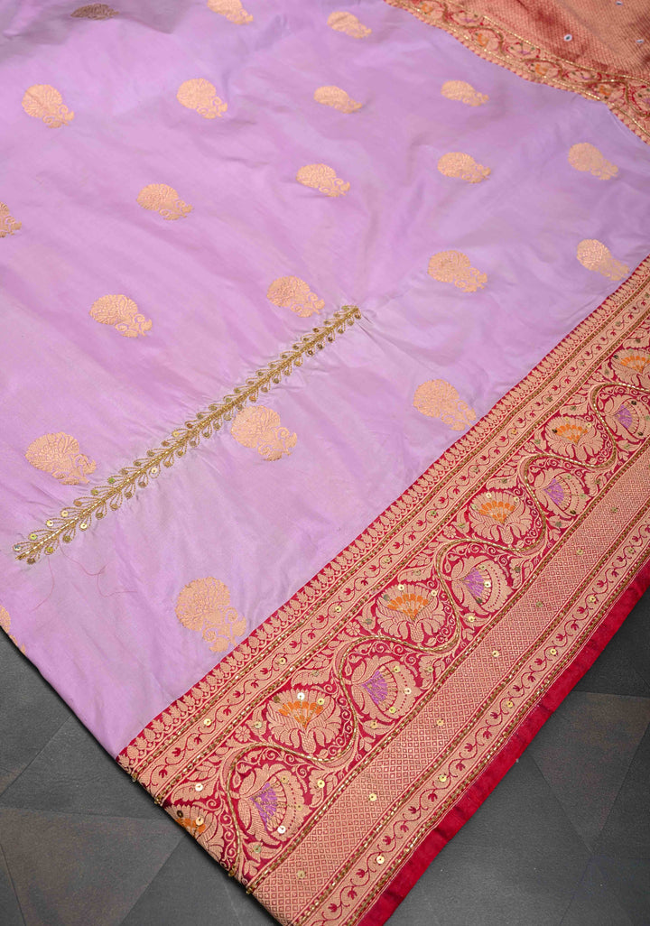 Lilac Katan Silk Saree with Zari Buttas and Sequins, cutdana, Mirror work on Border, Pallu | SILK MARK CERTIFIED