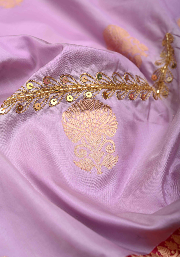 Lilac Katan Silk Saree with Zari Buttas and Sequins, cutdana, Mirror work on Border, Pallu | SILK MARK CERTIFIED