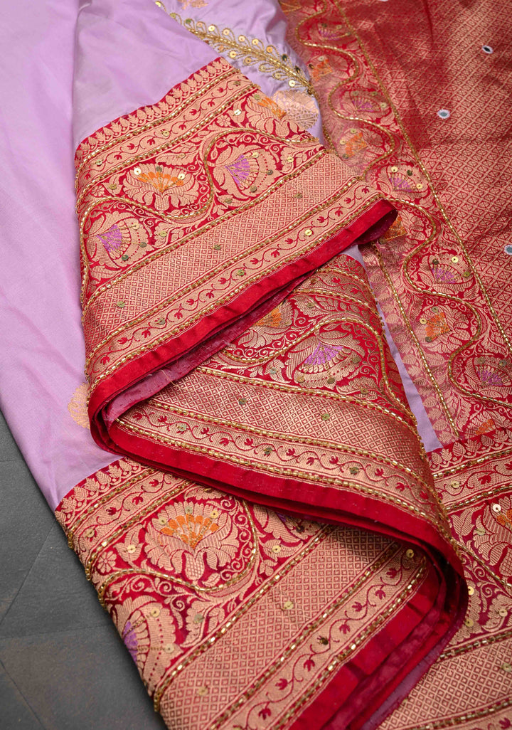 Lilac Katan Silk Saree with Zari Buttas and Sequins, cutdana, Mirror work on Border, Pallu | SILK MARK CERTIFIED