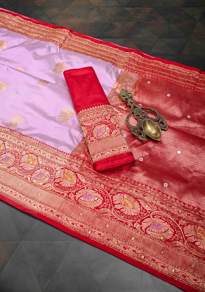 Lilac Katan Silk Saree with Zari Buttas and Sequins, cutdana, Mirror work on Border, Pallu | SILK MARK CERTIFIED