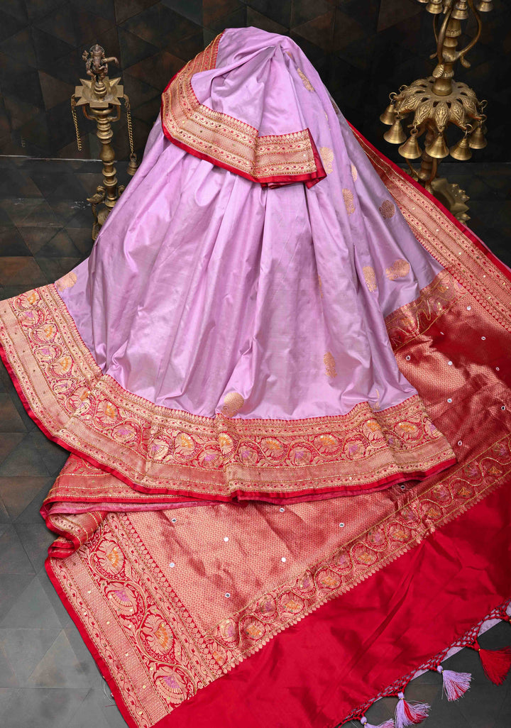 Lilac Katan Silk Saree with Zari Buttas and Sequins, cutdana, Mirror work on Border, Pallu | SILK MARK CERTIFIED