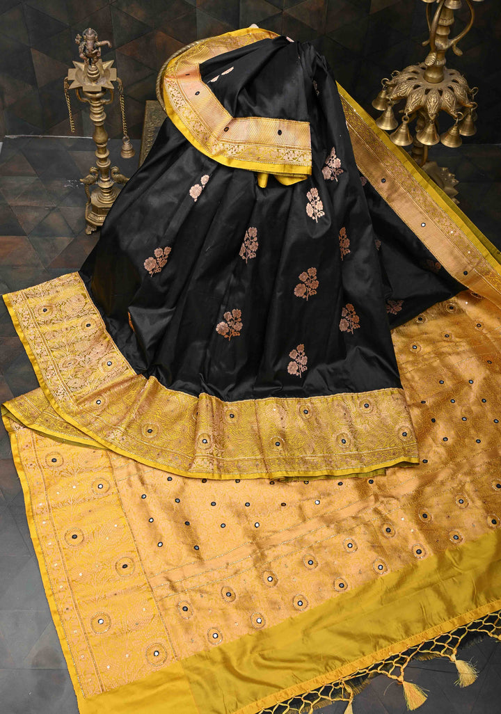 Black Katan Silk Saree with Floral Buttas and Sequins, cutdana, Mirror work on Border, Pallu| SILK MARK CERTIFIED