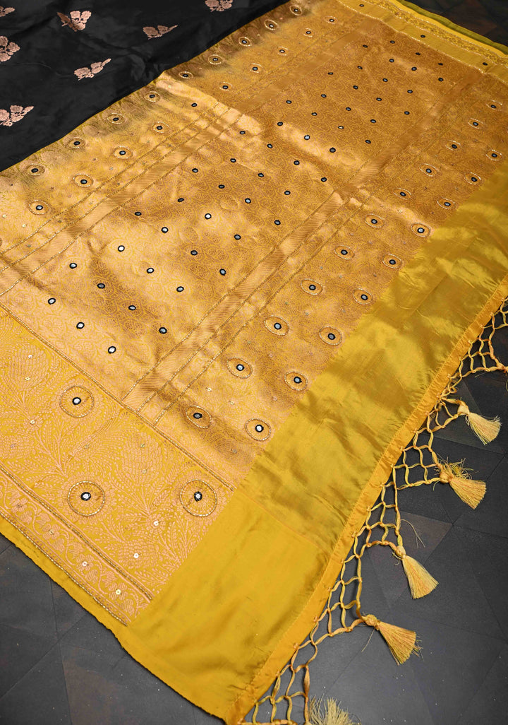 Black Katan Silk Saree with Floral Buttas and Sequins, cutdana, Mirror work on Border, Pallu| SILK MARK CERTIFIED