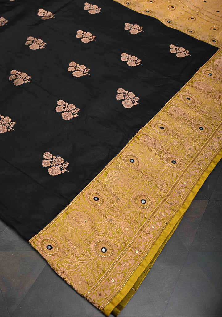 Black Katan Silk Saree with Floral Buttas and Sequins, cutdana, Mirror work on Border, Pallu| SILK MARK CERTIFIED