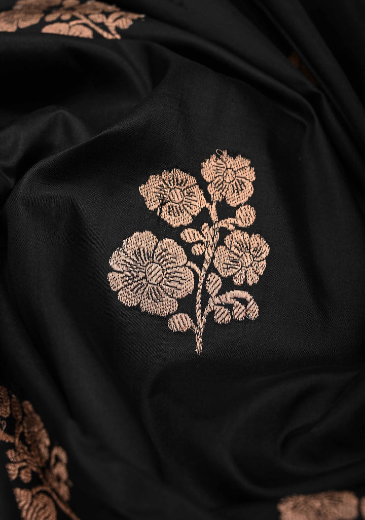 Black Katan Silk Saree with Floral Buttas and Sequins, cutdana, Mirror work on Border, Pallu| SILK MARK CERTIFIED