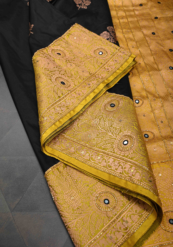 Black Katan Silk Saree with Floral Buttas and Sequins, cutdana, Mirror work on Border, Pallu| SILK MARK CERTIFIED