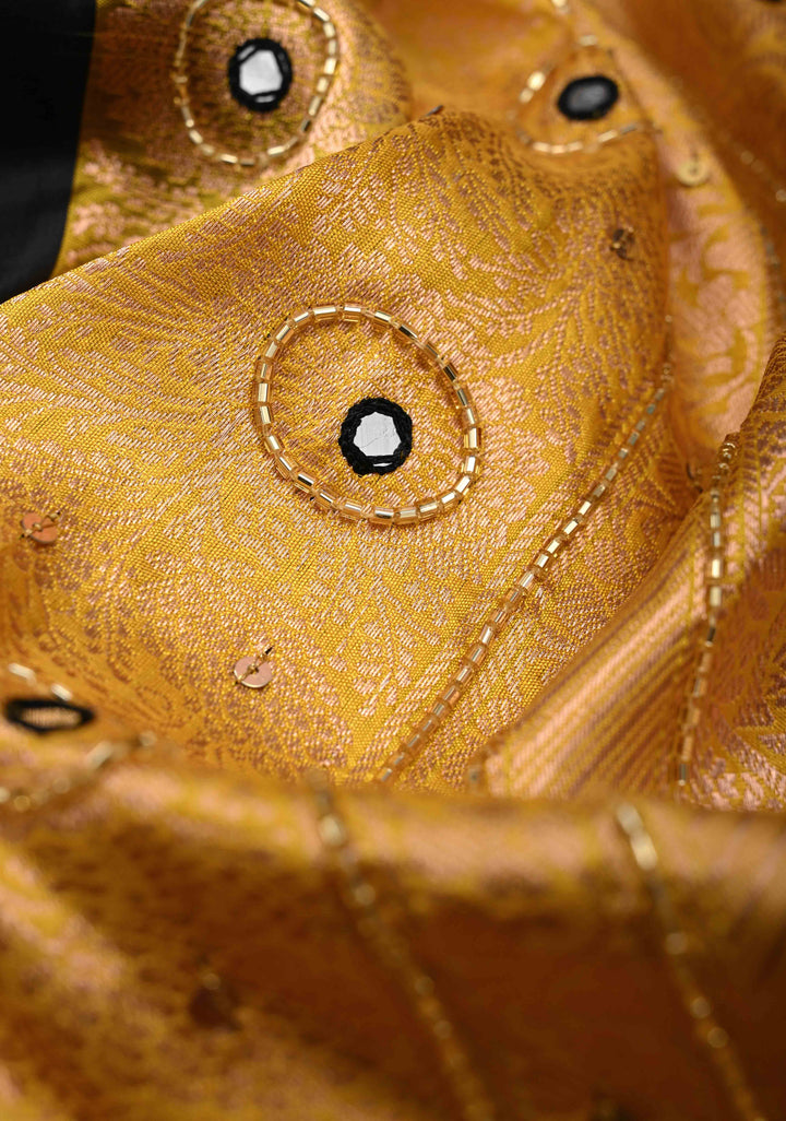 Black Katan Silk Saree with Floral Buttas and Sequins, cutdana, Mirror work on Border, Pallu| SILK MARK CERTIFIED