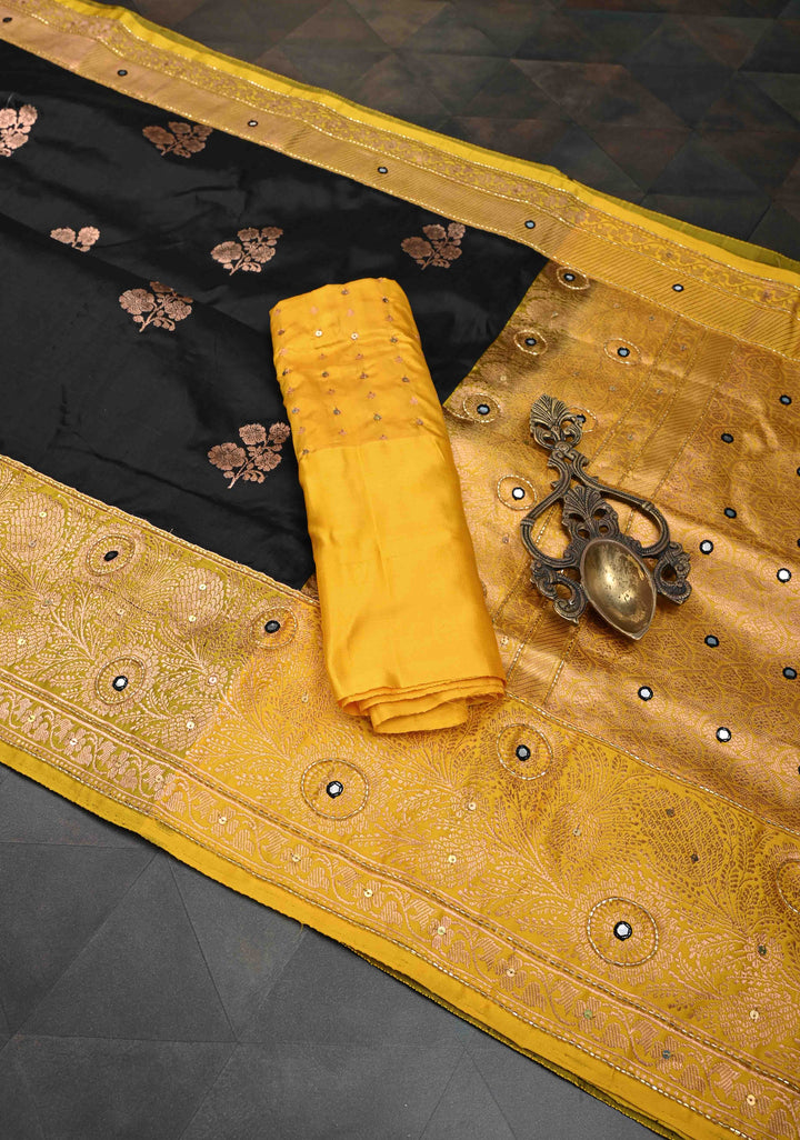 Black Katan Silk Saree with Floral Buttas and Sequins, cutdana, Mirror work on Border, Pallu| SILK MARK CERTIFIED