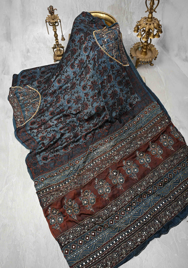 Indigo Modal Silk Saree with Vanaspati Hand Block Print, Sequins, Cutdana and Hand embroidery