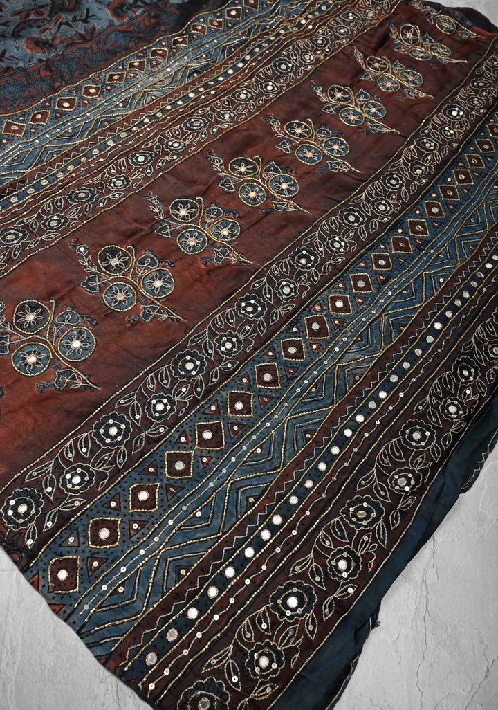 Indigo Modal Silk Saree with Vanaspati Hand Block Print, Sequins, Cutdana and Hand embroidery