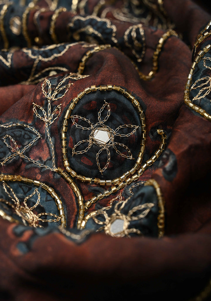 Indigo Modal Silk Saree with Vanaspati Hand Block Print, Sequins, Cutdana and Hand embroidery