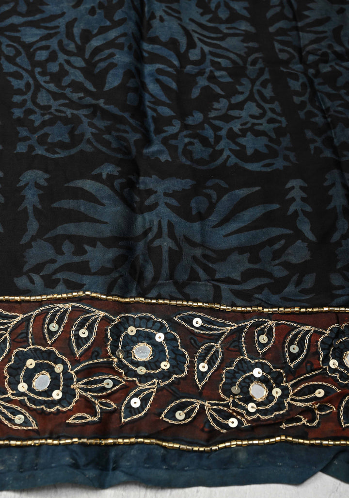 Indigo Modal Silk Saree with Vanaspati Hand Block Print, Sequins, Cutdana and Hand embroidery