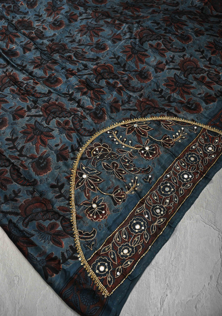 Indigo Modal Silk Saree with Vanaspati Hand Block Print, Sequins, Cutdana and Hand embroidery