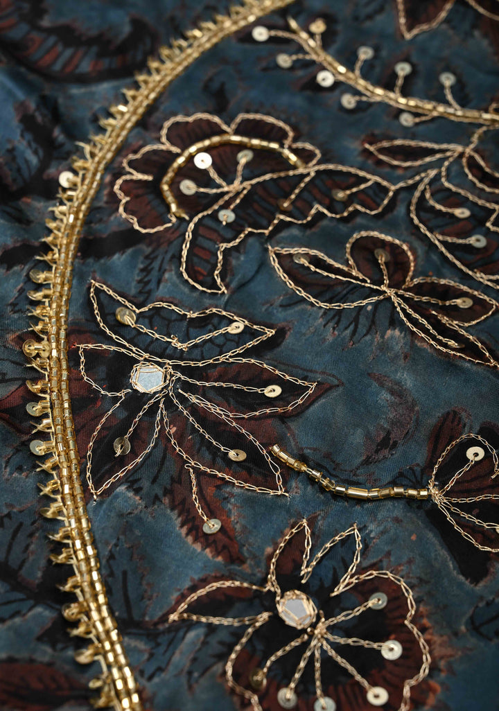 Indigo Modal Silk Saree with Vanaspati Hand Block Print, Sequins, Cutdana and Hand embroidery