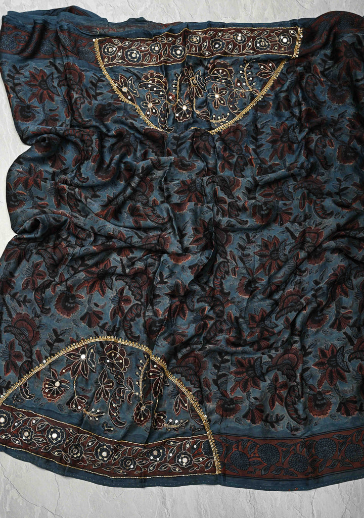 Indigo Modal Silk Saree with Vanaspati Hand Block Print, Sequins, Cutdana and Hand embroidery