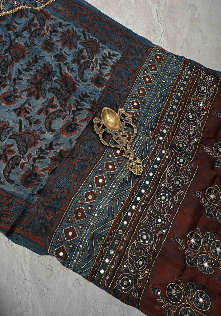 Indigo Modal Silk Saree with Vanaspati Hand Block Print, Sequins, Cutdana and Hand embroidery