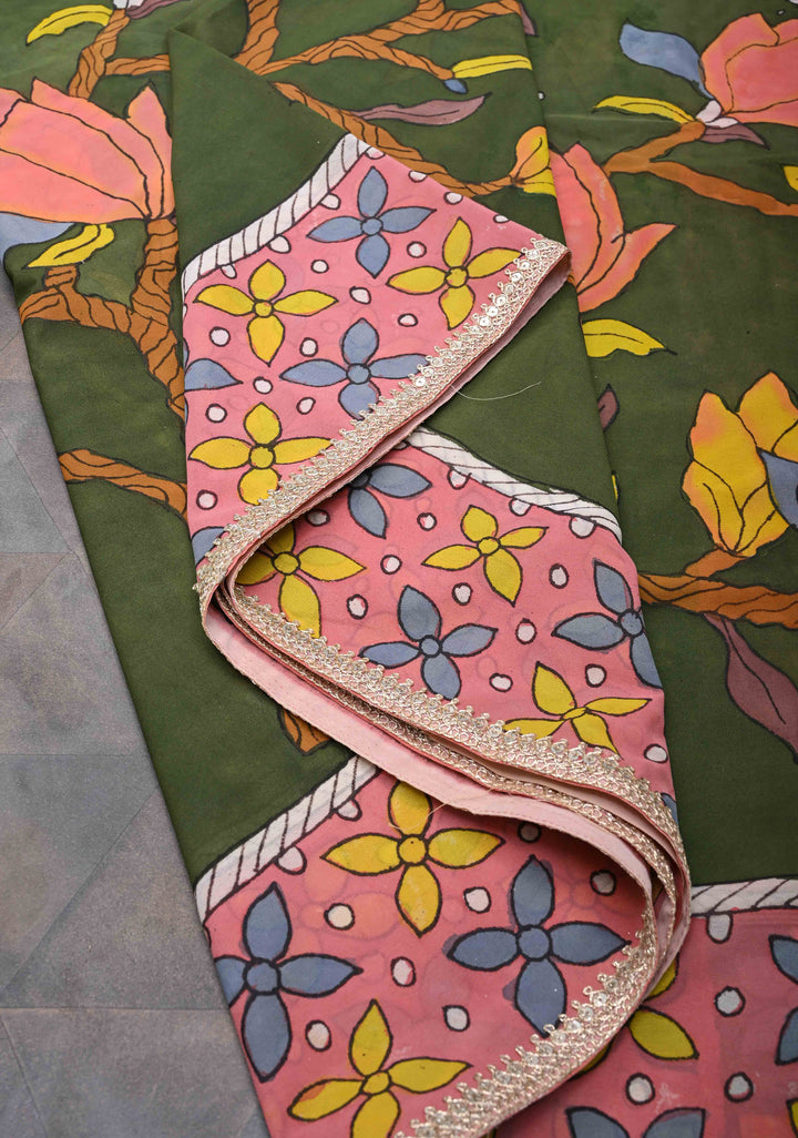 Floral and Birds Theme : Green Authentic pen kalamkari on pure Georgette Silk Saree with Lace Border | SILK MARK CERTIFIED