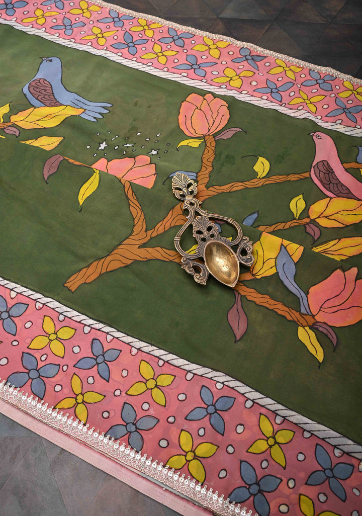 Floral and Birds Theme : Green Authentic pen kalamkari on pure Georgette Silk Saree with Lace Border | SILK MARK CERTIFIED