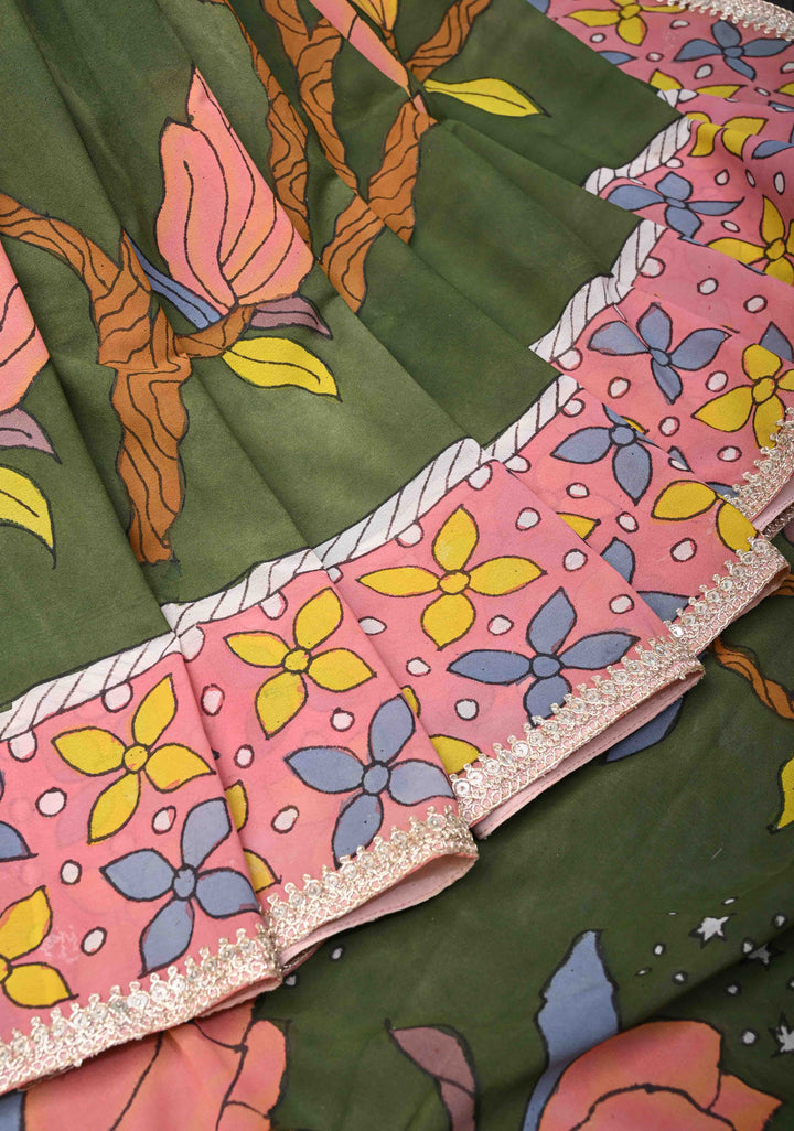 Floral and Birds Theme : Green Authentic pen kalamkari on pure Georgette Silk Saree with Lace Border | SILK MARK CERTIFIED