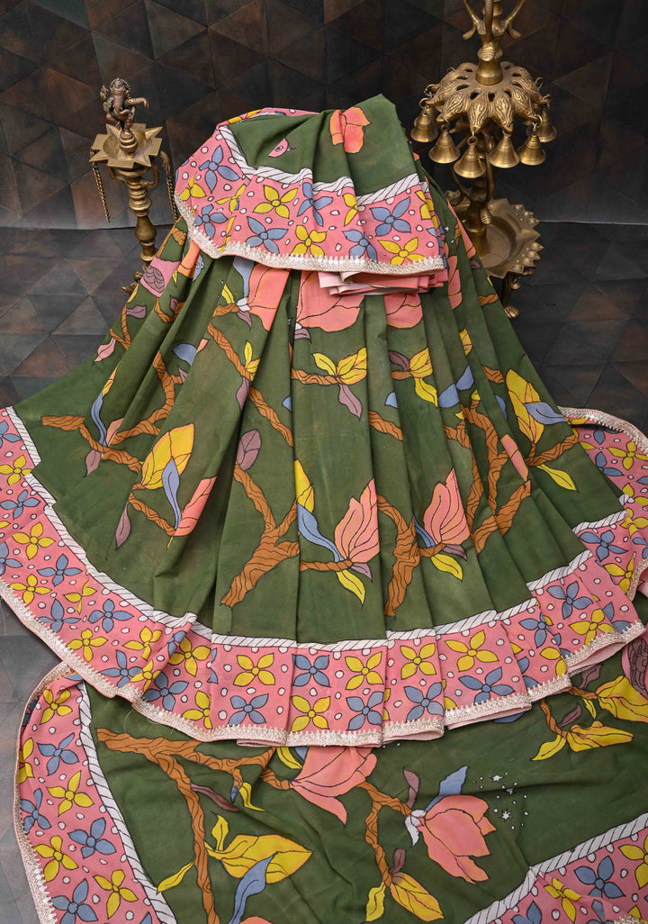 Floral and Birds Theme : Green Authentic pen kalamkari on pure Georgette Silk Saree with Lace Border | SILK MARK CERTIFIED