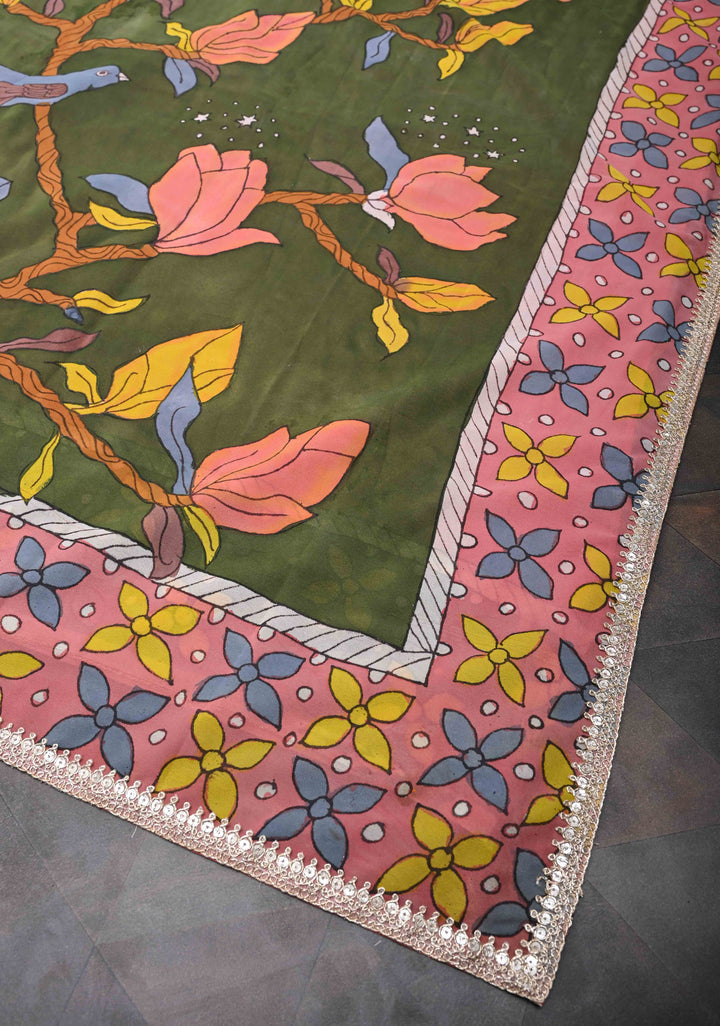 Floral and Birds Theme : Green Authentic pen kalamkari on pure Georgette Silk Saree with Lace Border | SILK MARK CERTIFIED