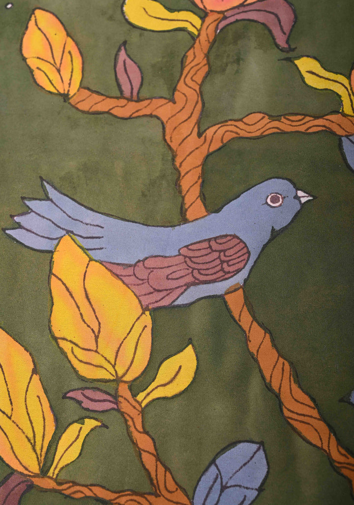 Floral and Birds Theme : Green Authentic pen kalamkari on pure Georgette Silk Saree with Lace Border | SILK MARK CERTIFIED