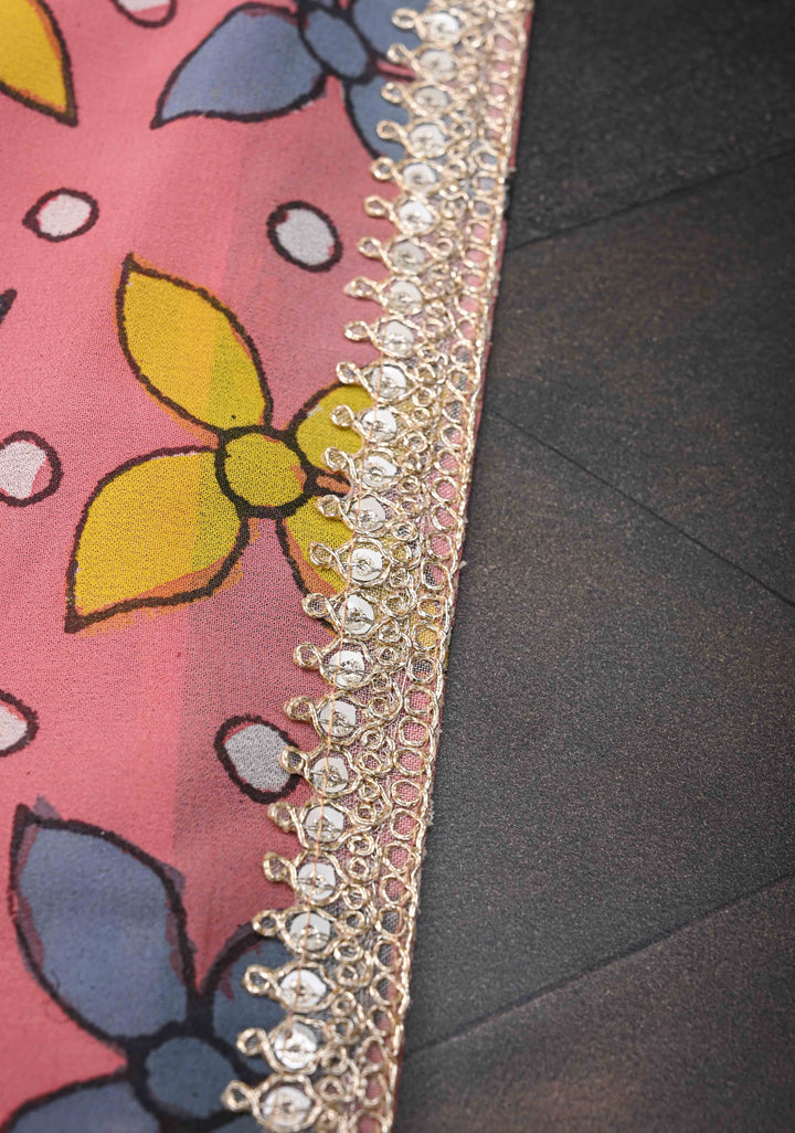 Floral and Birds Theme : Green Authentic pen kalamkari on pure Georgette Silk Saree with Lace Border | SILK MARK CERTIFIED