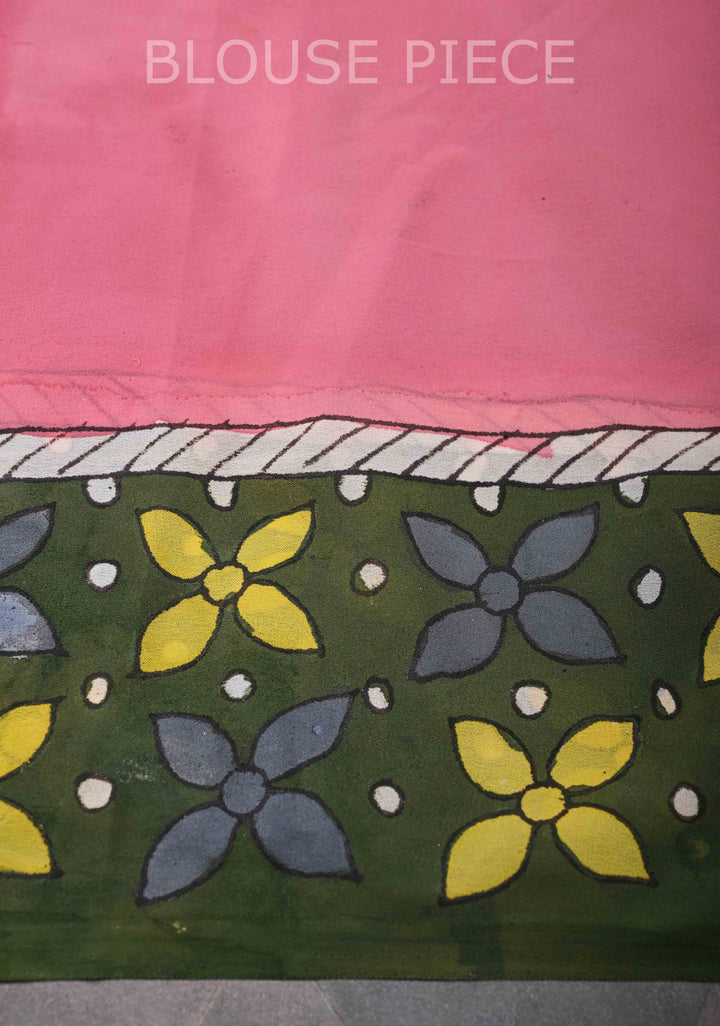 Floral and Birds Theme : Green Authentic pen kalamkari on pure Georgette Silk Saree with Lace Border | SILK MARK CERTIFIED