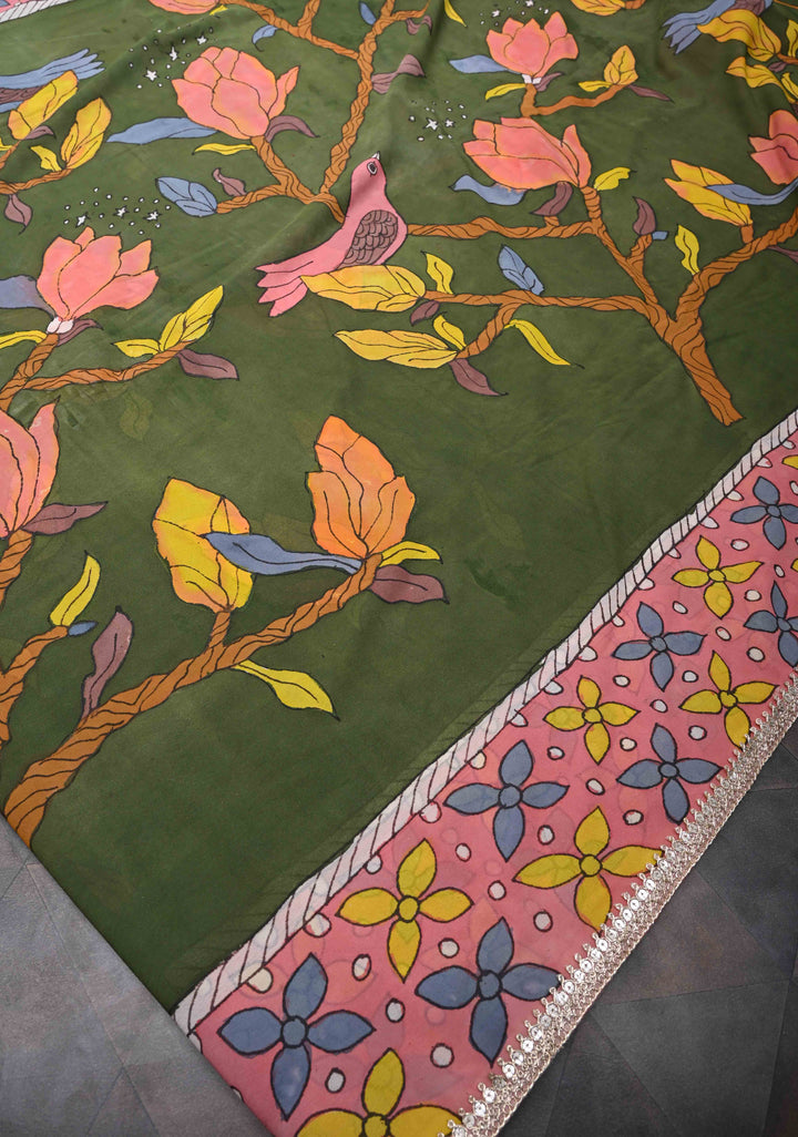 Floral and Birds Theme : Green Authentic pen kalamkari on pure Georgette Silk Saree with Lace Border | SILK MARK CERTIFIED