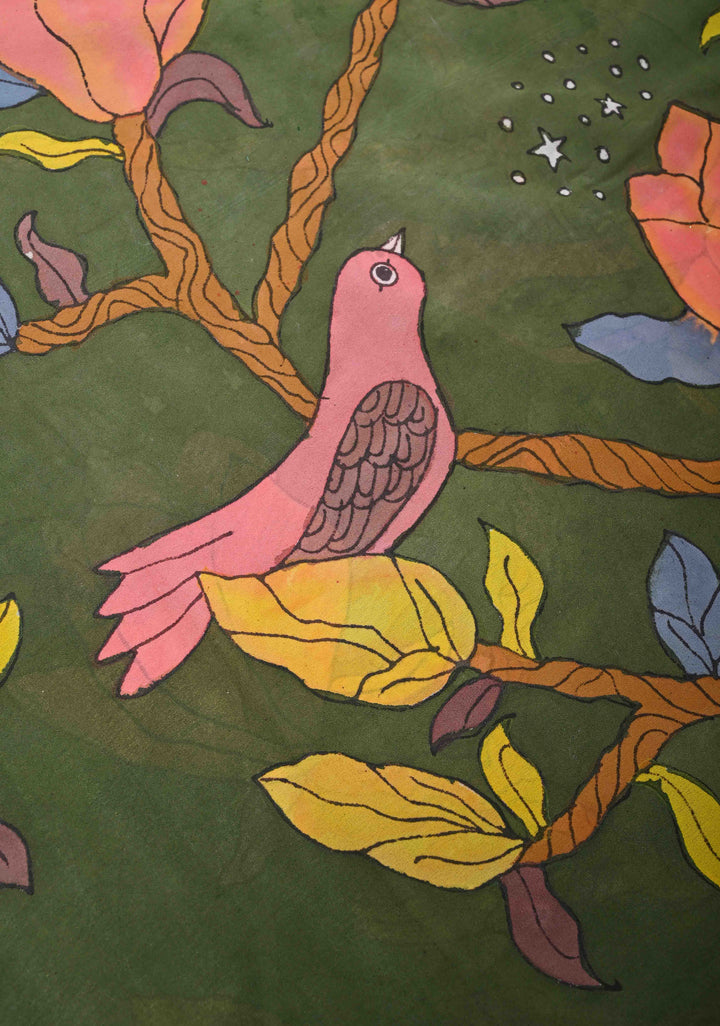 Floral and Birds Theme : Green Authentic pen kalamkari on pure Georgette Silk Saree with Lace Border | SILK MARK CERTIFIED