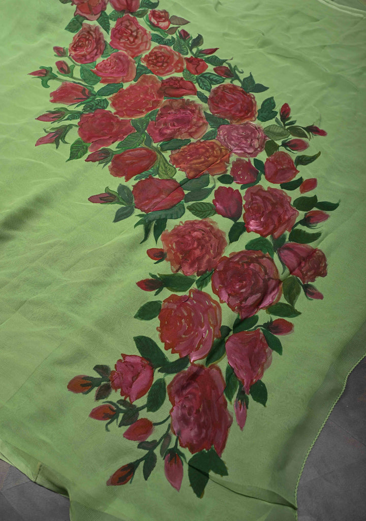 Pista Green Chiffon Saree with Floral Digital Prints