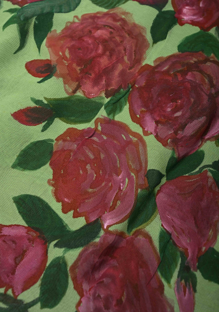 Pista Green Chiffon Saree with Floral Digital Prints