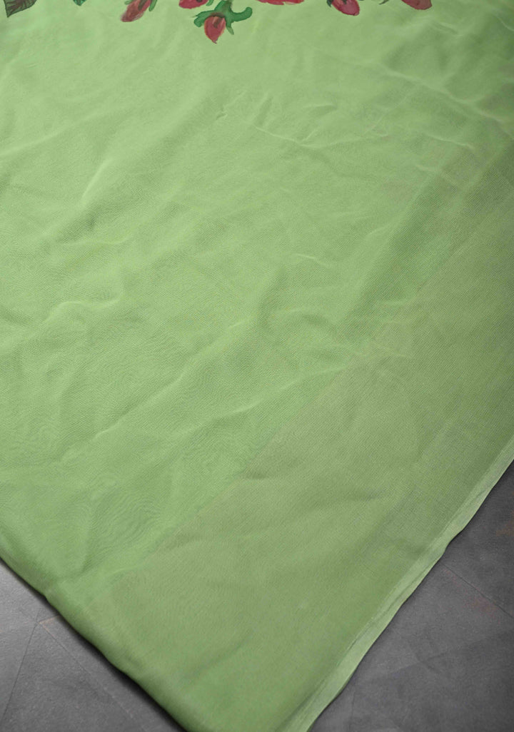 Pista Green Chiffon Saree with Floral Digital Prints
