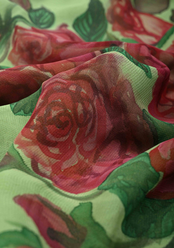 Pista Green Chiffon Saree with Floral Digital Prints