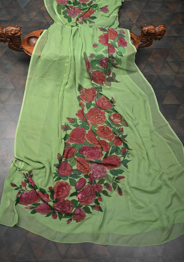 Pista Green Chiffon Saree with Floral Digital Prints