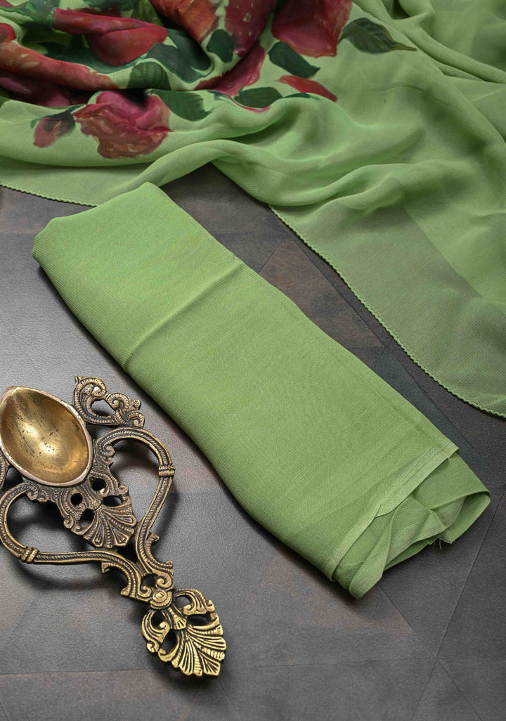 Pista Green Chiffon Saree with Floral Digital Prints