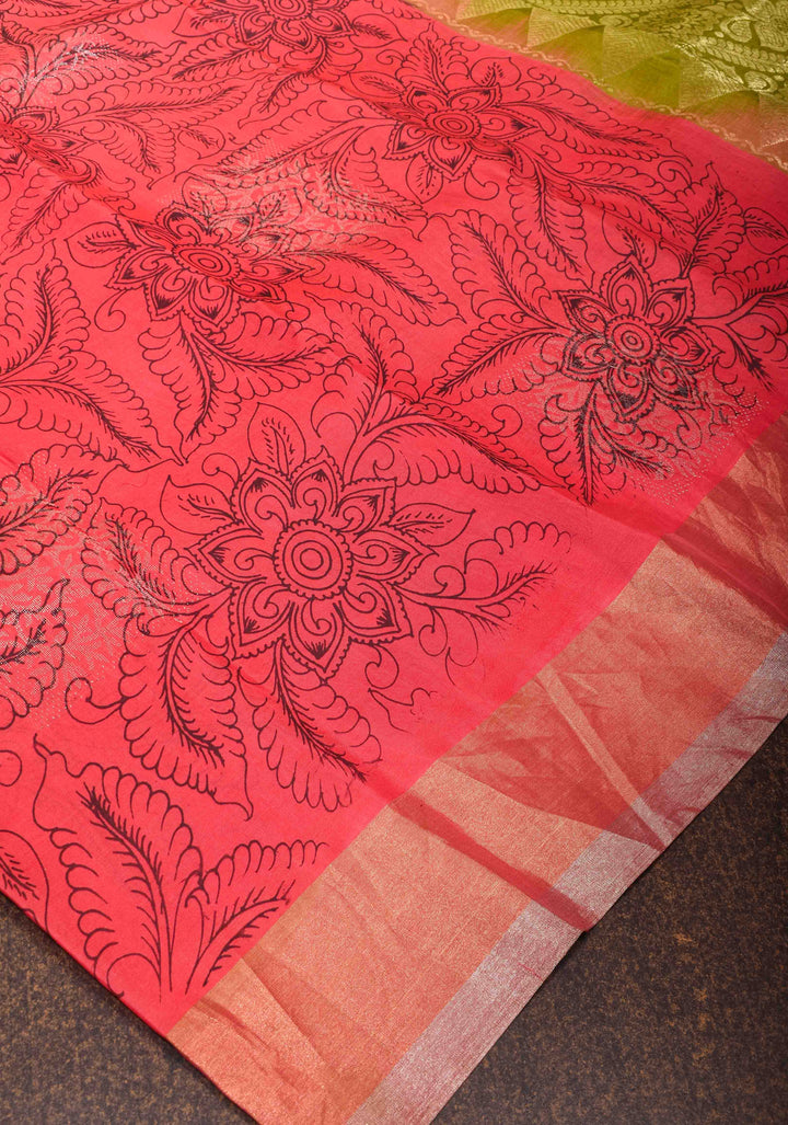 Pen kalamkari Sketch only on Soft Silk Saree in Brick Red With Zari Border | SILK MARK CERTIFIED