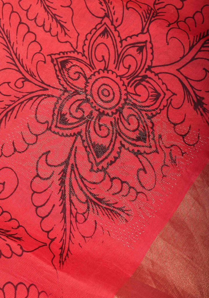 Pen kalamkari Sketch only on Soft Silk Saree in Brick Red With Zari Border | SILK MARK CERTIFIED